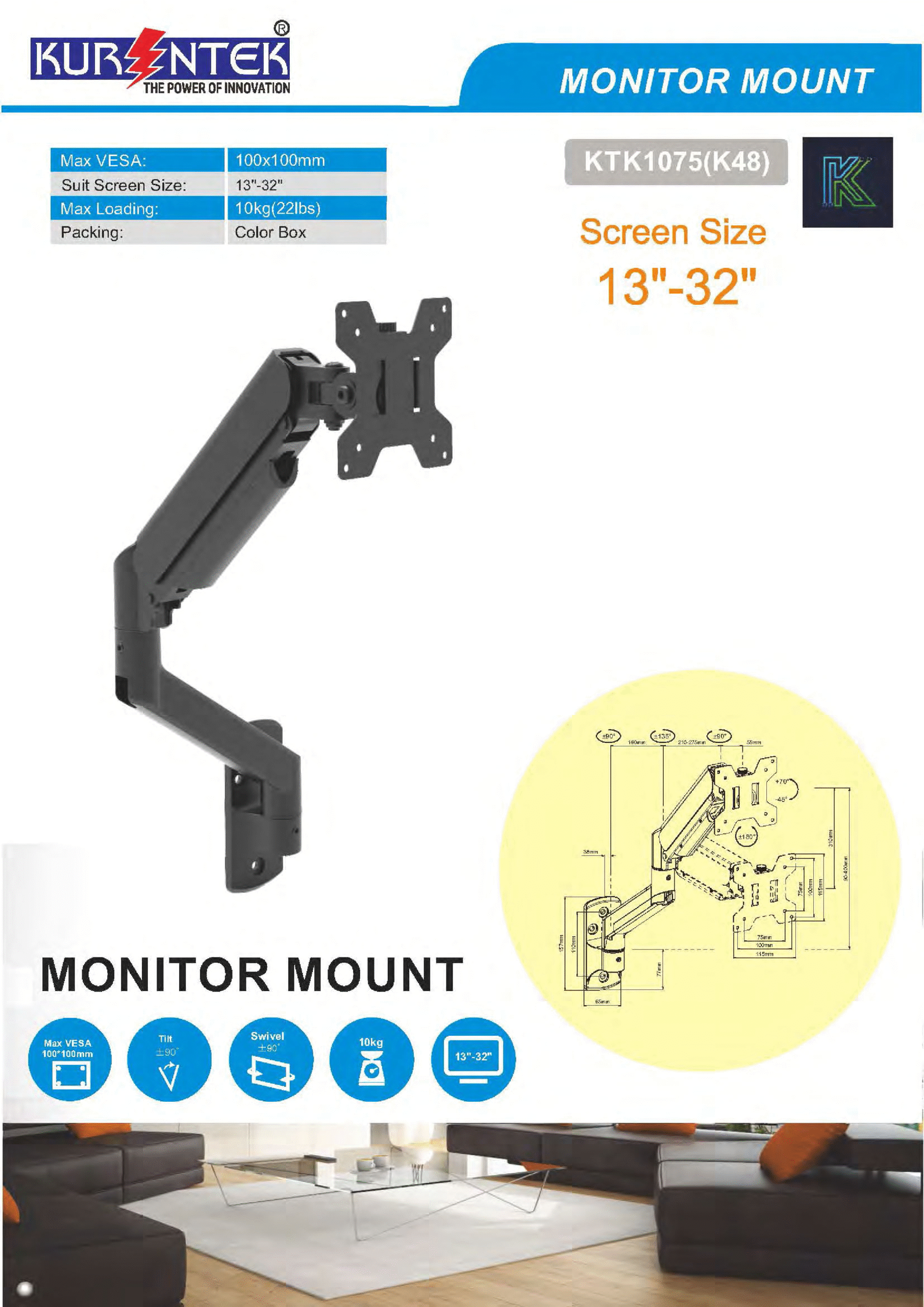 Kurentek KTK1075 (K48) Monitor Mount | Adjustable Arm for 13"–32" Screens | 10kg Load Capacity - Image 2