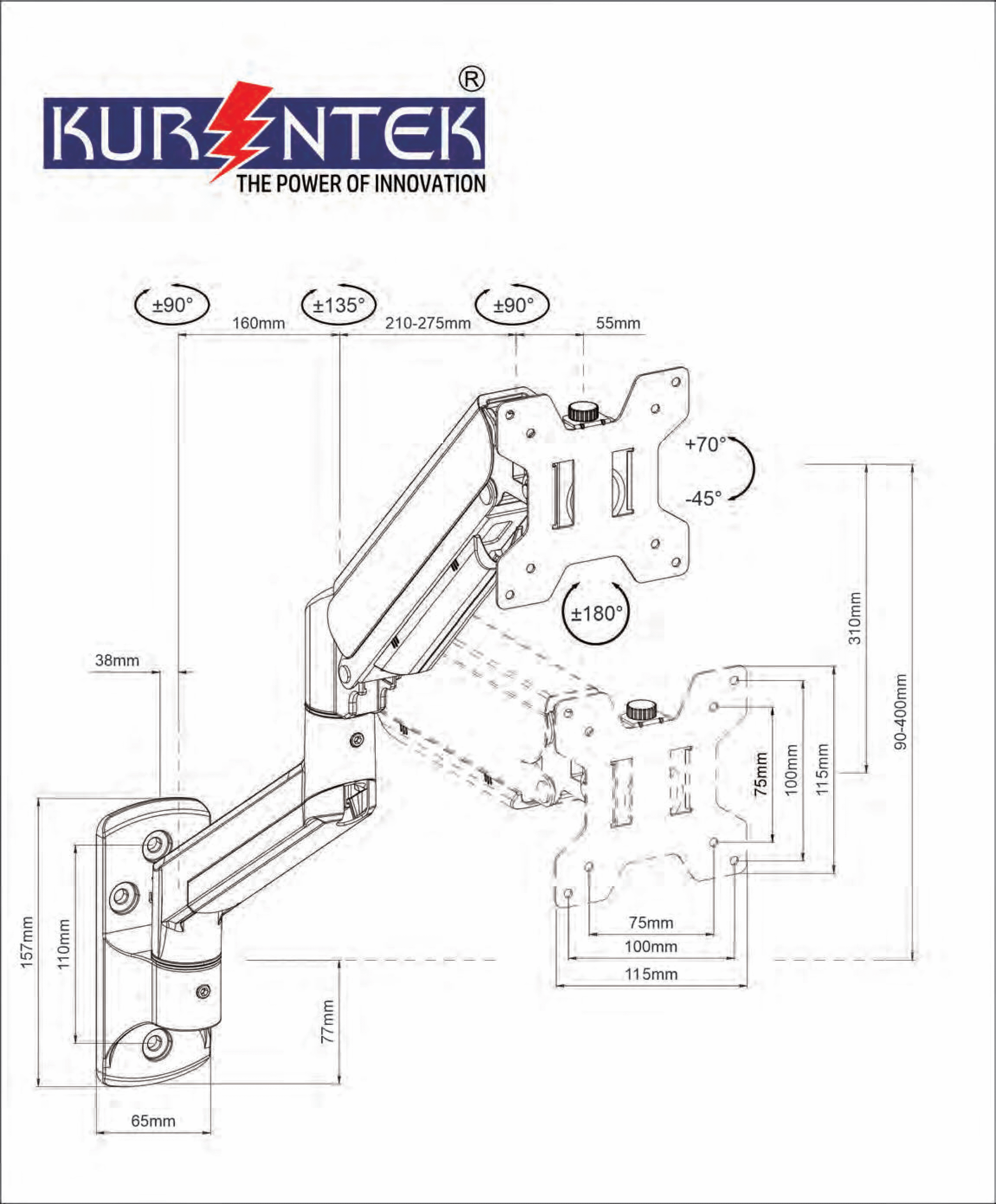 Kurentek KTK1075 (K48) Monitor Mount | Adjustable Arm for 13"–32" Screens | 10kg Load Capacity - Image 5