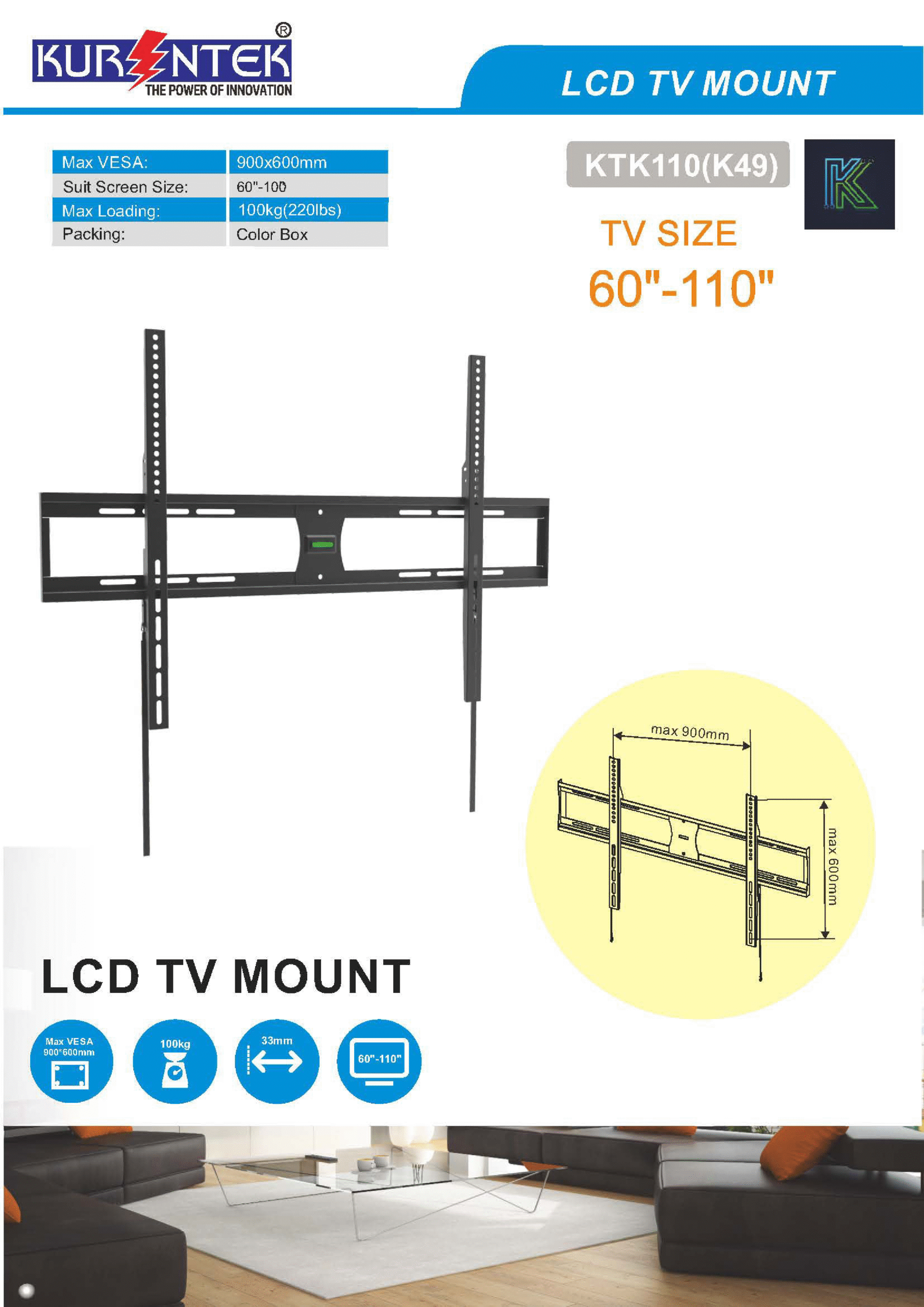 Kurentek KTK110(K49) LCD TV Mount for 60"-110" TVs - Image 2
