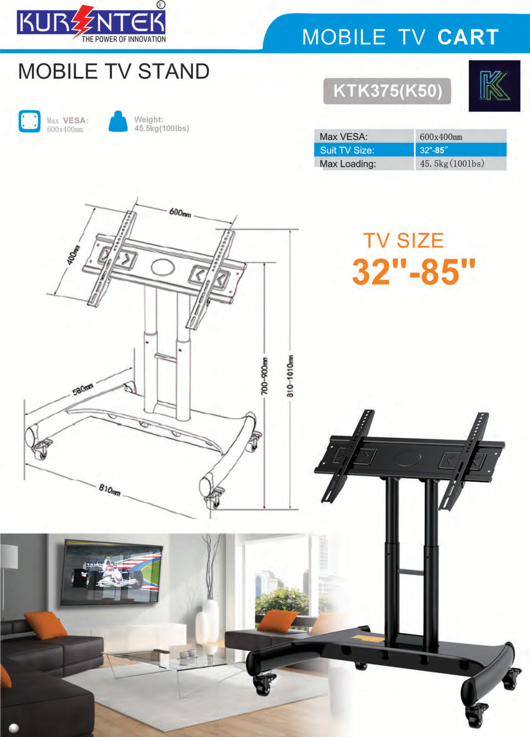 Kurentek Mobile TV Stand Cart Troley KTK375 (K50) for 32"-85" TVs - Image 2